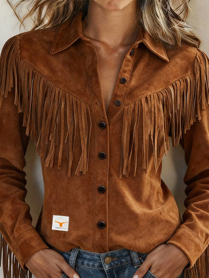Women's Retro Collared Long-Sleeved Tassel Shirt