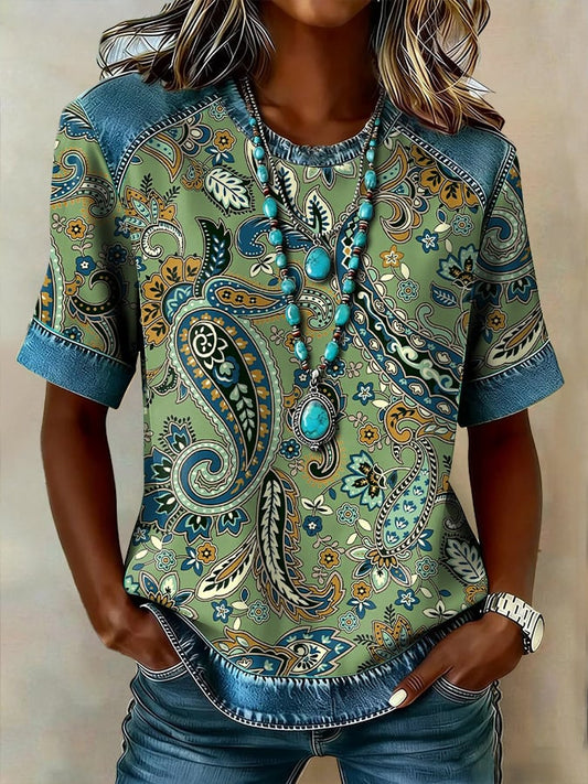 Women's casual retro Western floral T-shirt