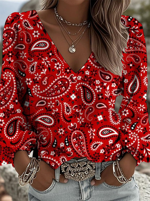Women's Vintage Western Print V-Neck Shirt