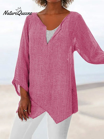 JFN Cotton & Linen Asymmetric Hem Loose Fit Long Sleeve Shirts Tunic Top