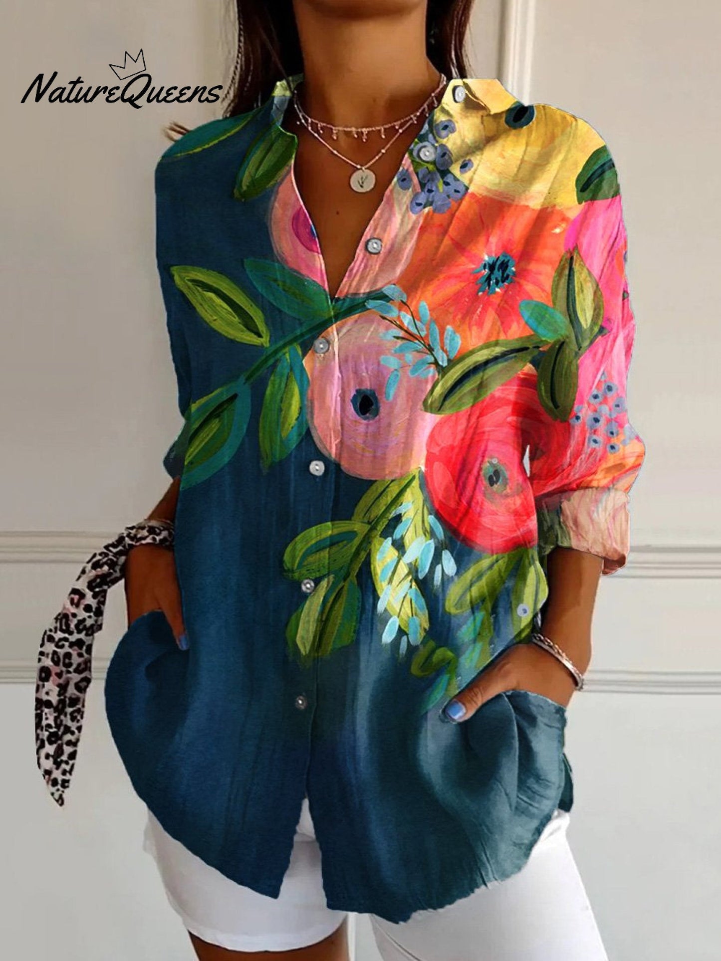 Women's  Floral Art  Print Casual Cotton Shirt