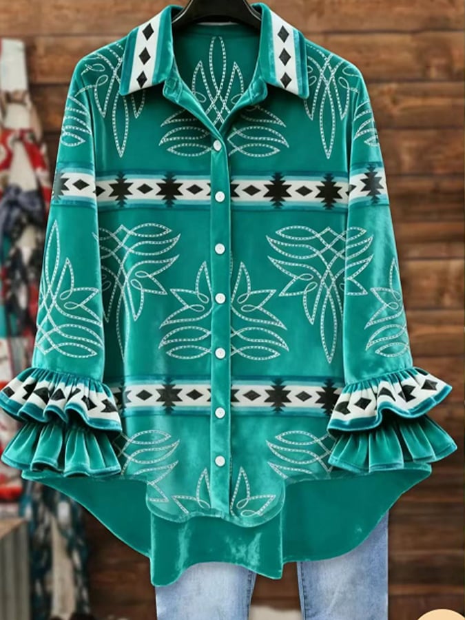 Women'S Casual Lapel Printed Velvet Shirt