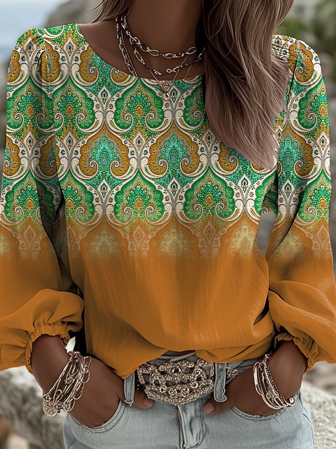 Women's Retro Western Graphic Print Crew Neck Long Sleeve Shirt