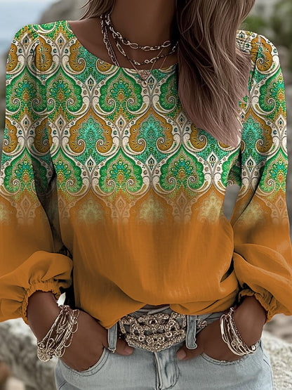 Women's Retro Western Graphic Print Crew Neck Long Sleeve Shirt