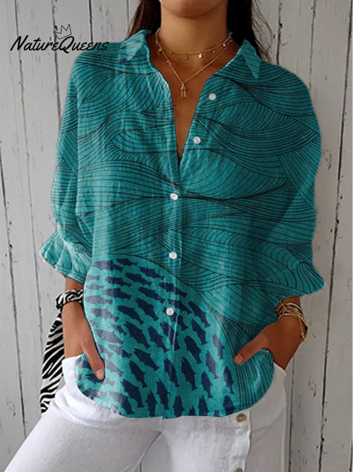 Women's Ocean and Fish Art Print Casual Linen V-neck Shirt