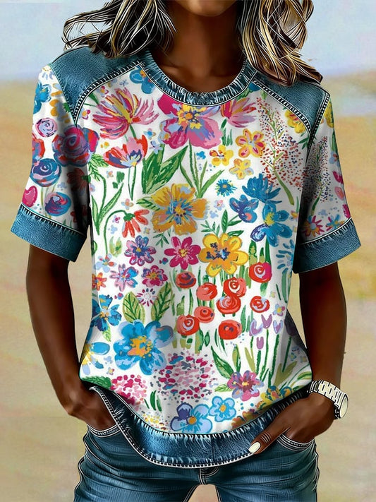 Women's casual retro Western floral T-shirt