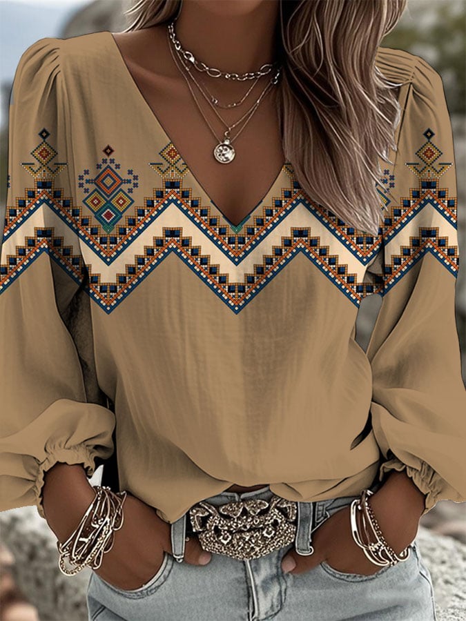 Women's Vintage Western Print V-Neck Shirt