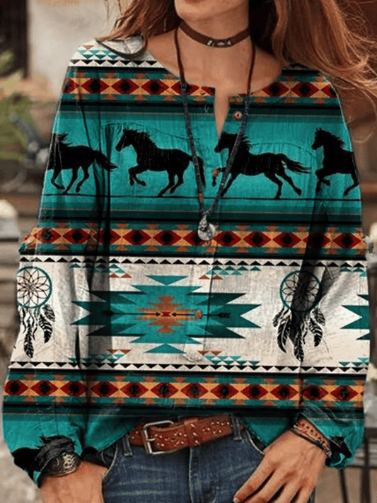 Women's Western Retro Flowers Printed Shirt
