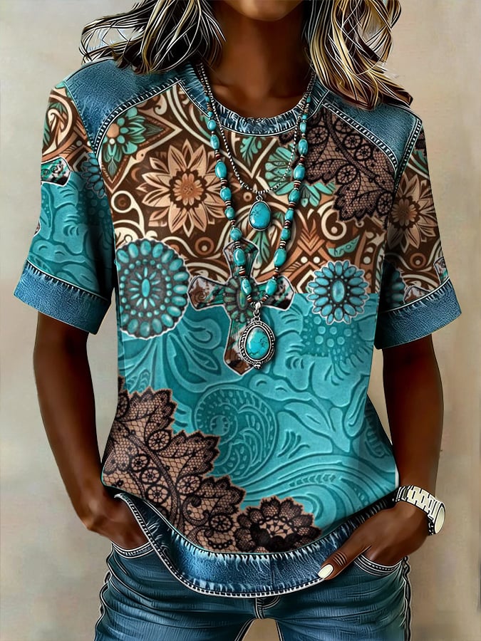 Women's casual retro Western floral T-shirt
