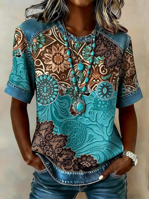 Women's casual retro Western floral T-shirt