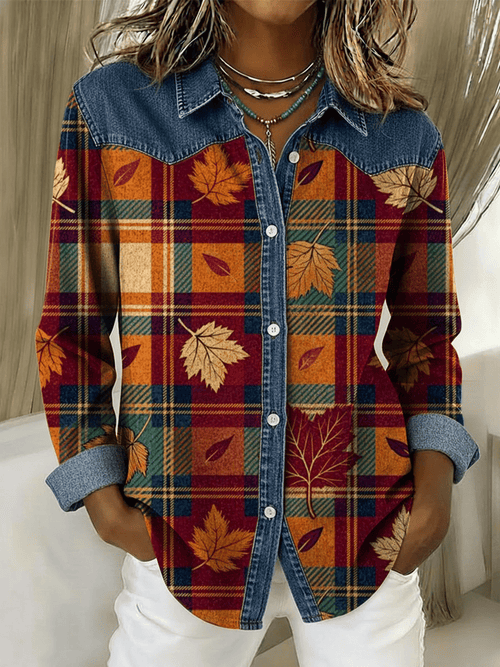 Women's Vintage Plaid Pattern Denim Patchwork Blouse