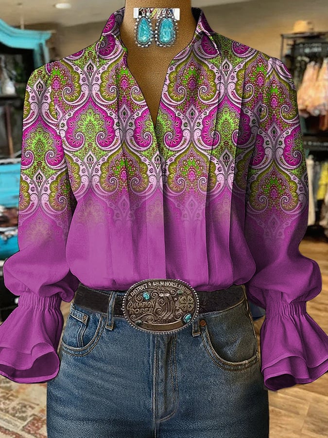 Women's Retro Western Floral Print Shirt