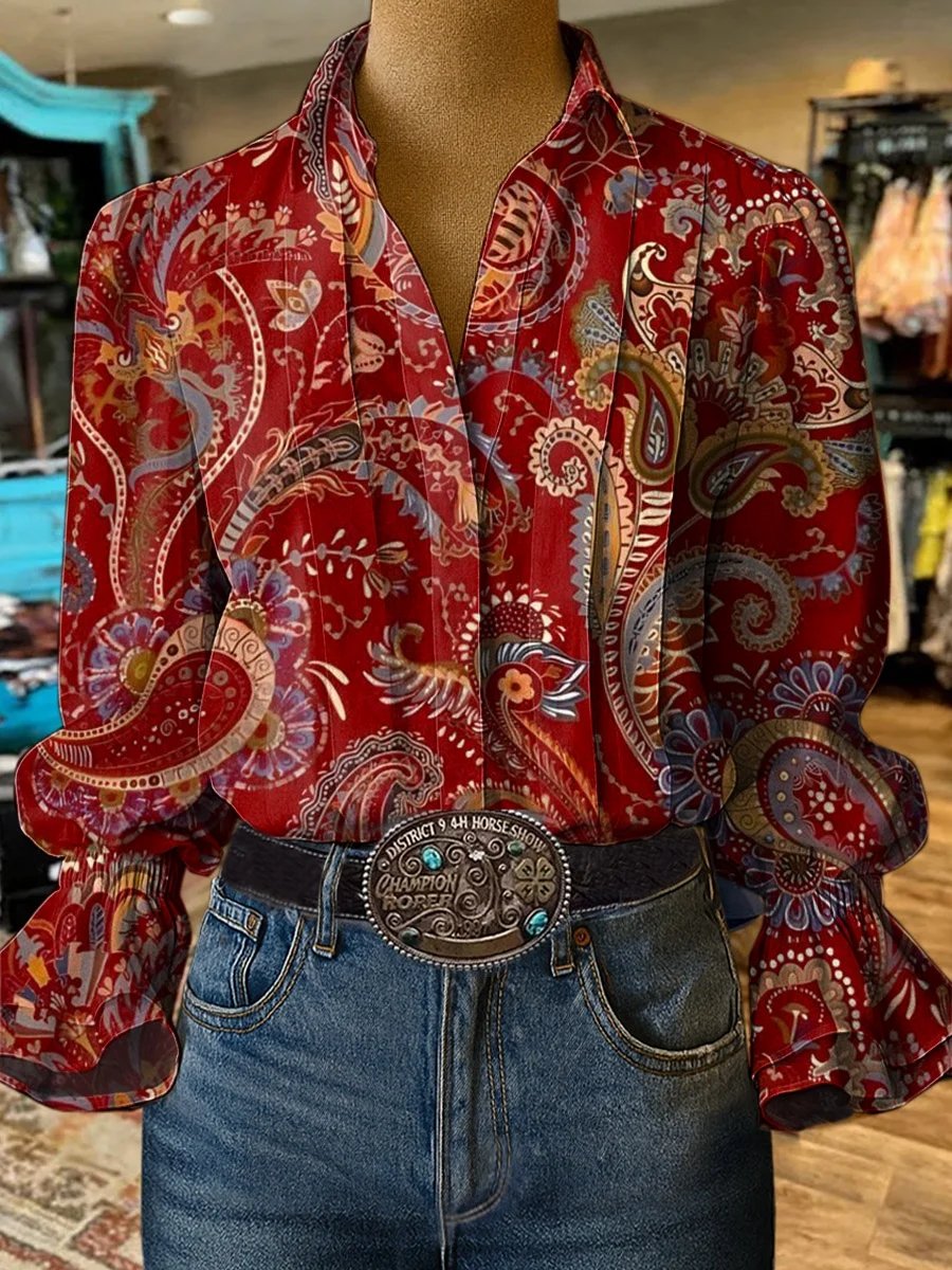 Women'S Paisley Print Casual Cotton And Linen Shirt