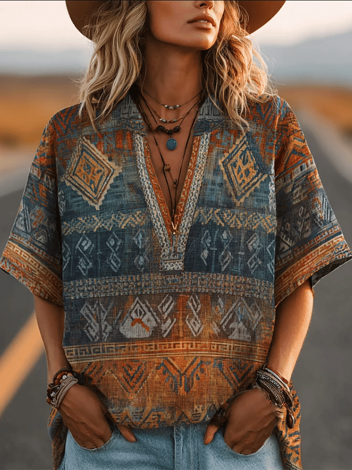 Women's Western Retro Print Printed Blouse