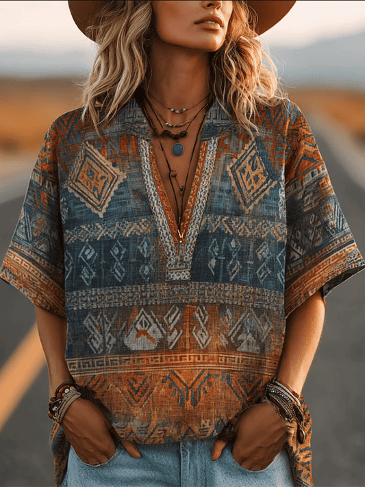 Women's Western Retro Print Printed Blouse
