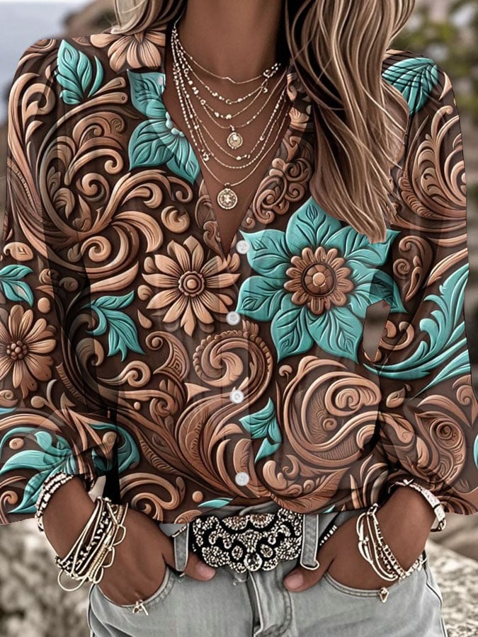 Women's Vintage Western Paisley Print Lapel Shirt