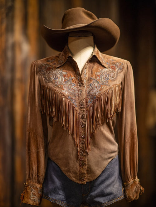 Women's Western Vintage Tassel Floral Print Western Long Sleeve Shirt