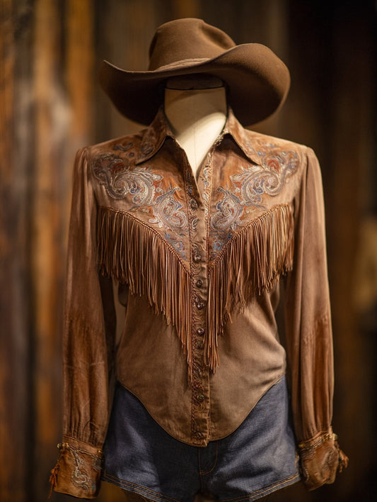 Women's Western Vintage Tassel Floral Print Western Long Sleeve Shirt