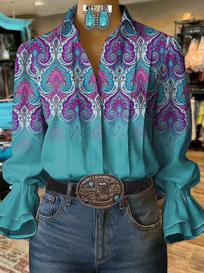 Women's Retro Western Floral Print Shirt