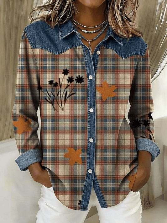 Women's Vintage Plaid Pattern Denim Patchwork Blouse