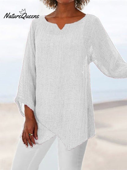 JFN Cotton & Linen Asymmetric Hem Loose Fit Long Sleeve Shirts Tunic Top