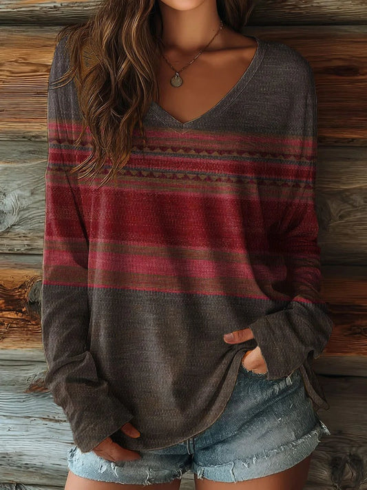 Women's Retro Print Casual V-Neck Long Sleeve T-Shirt