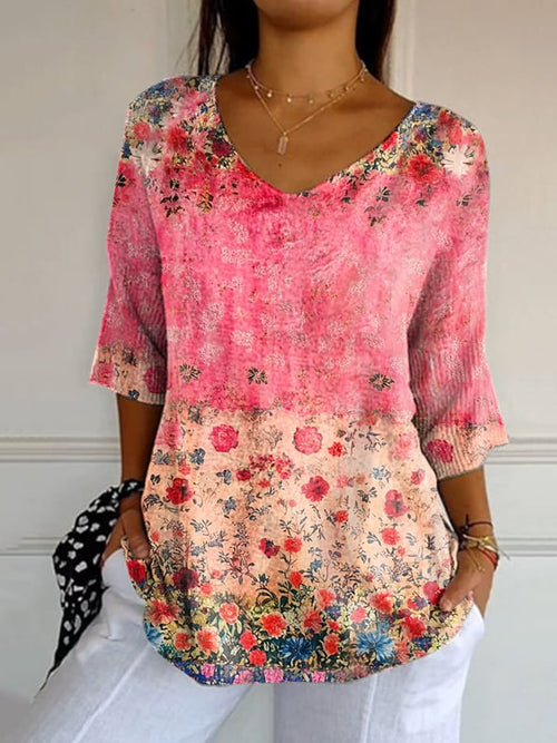 Women's Casual Retro Floral Print Knitted T-Shirt