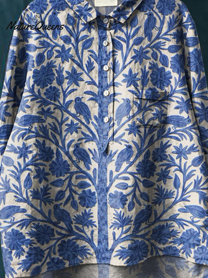 Women's Indian Art Floral Vintage Print Casual Cotton And Linen Shirt