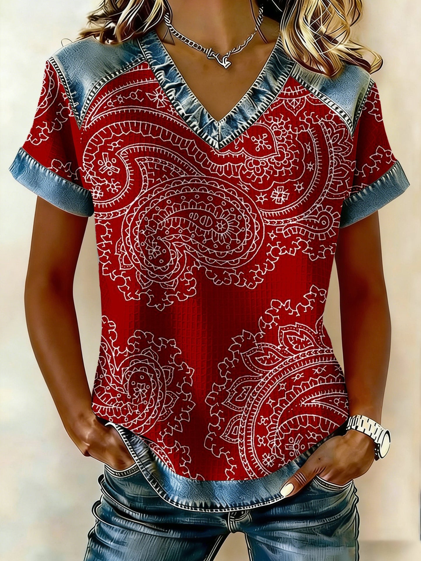 Women's Western-Style Paisley Print Waffle Knit V-Neck Short-Sleeved T-Shirt