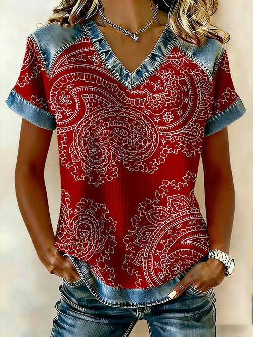 Women's Western-Style Paisley Print Waffle Knit V-Neck Short-Sleeved T-Shirt