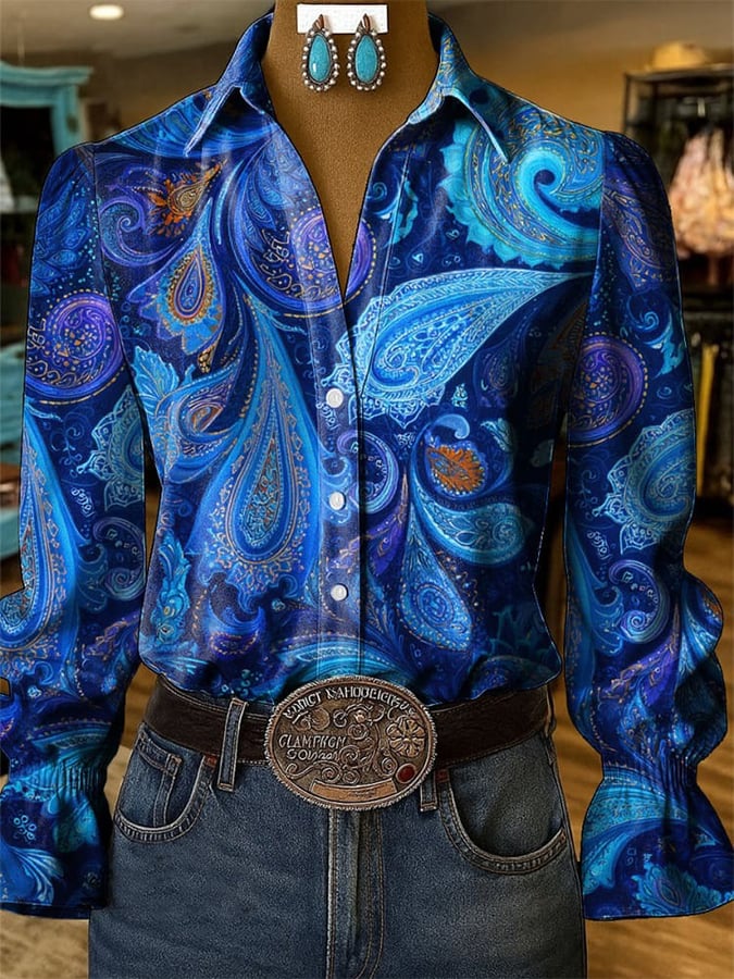 Women's Western Retro Paisley Print Shirt