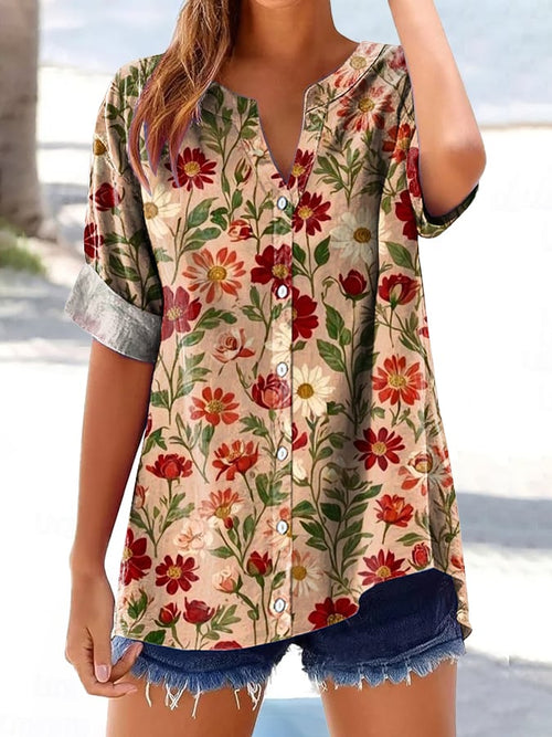 Women's Retro Floral Print Button-Down Shirt