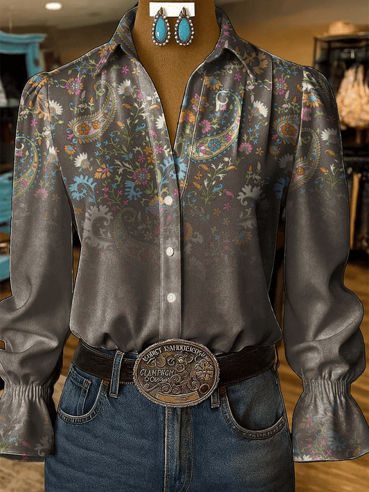Women's Western Retro Flowers Printed Shirt