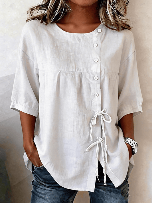 Women'S Casual Solid Color Tie-Waist Shirt