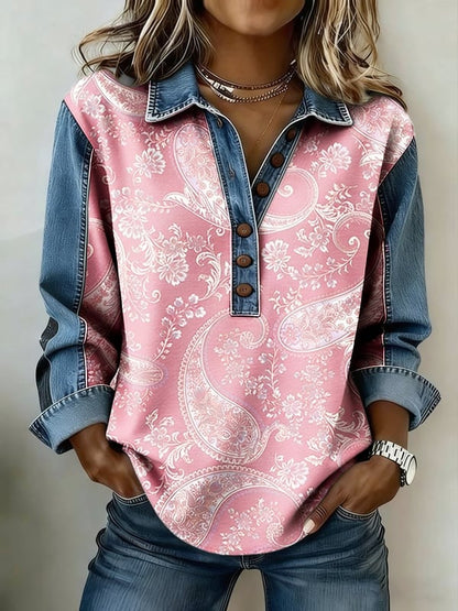 Women's Vintage Floral Print Lapel Shirt