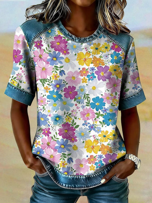 Women's casual retro Western floral T-shirt