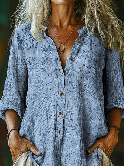 Women's Casual Retro Floral Cotton And Linen Shirt