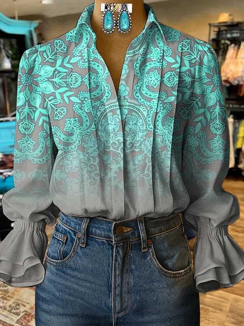 Women's Retro Casual Autumn Western Puff Sleeve Shirt
