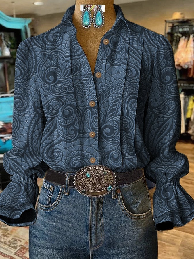 Women's Retro Casual Autumn Western Puff Sleeve Shirt