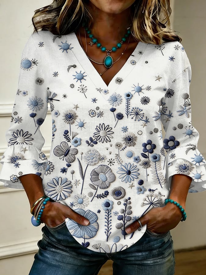 Women's Retro Floral Print Casual V-Neck Ruffle Shirt