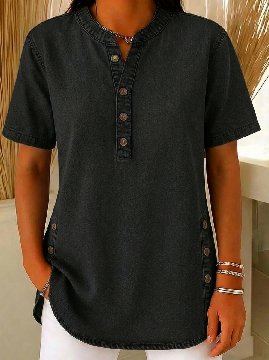 Women's Loose Denim Top - V Neck Short Sleeve Casual Button Up Cotton Blouse