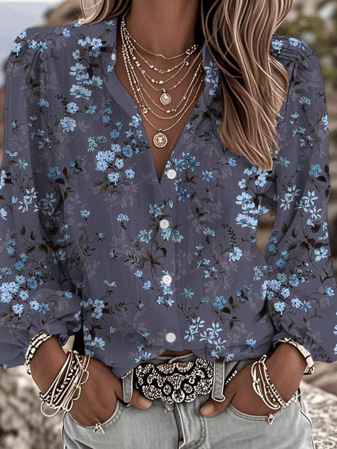 Women's Vintage Western Floral Print Lapel Shirt