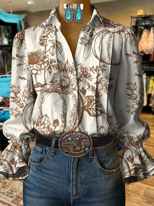 Women's Retro Casual Autumn Western Puff Sleeve Shirt