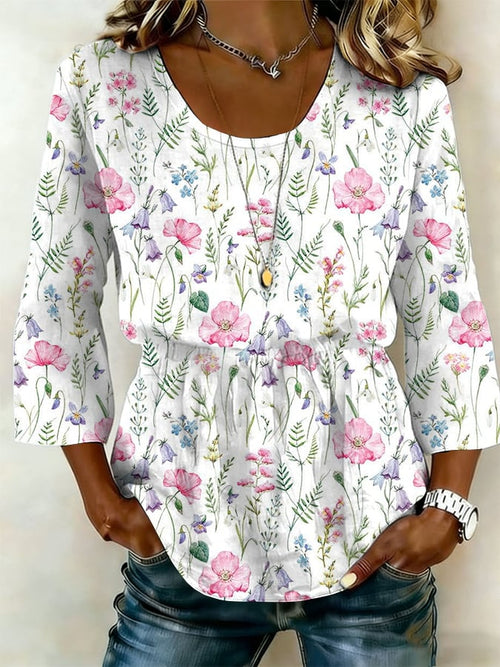 Women's Floral Print Comfortable Casual Three-Quarter Sleeve Round Neck Shirt