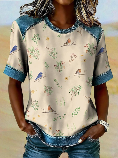 Women's casual retro bird print T-shirt