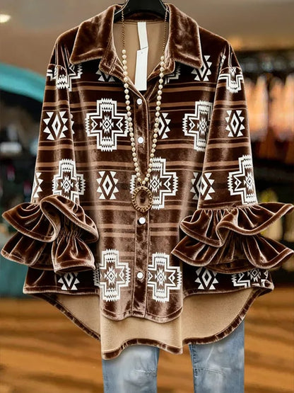 Women'S Casual Lapel Printed Velvet Shirt