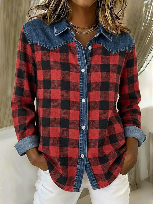 Women's Plaid Denim Patchwork Print Casual Cotton Shirt