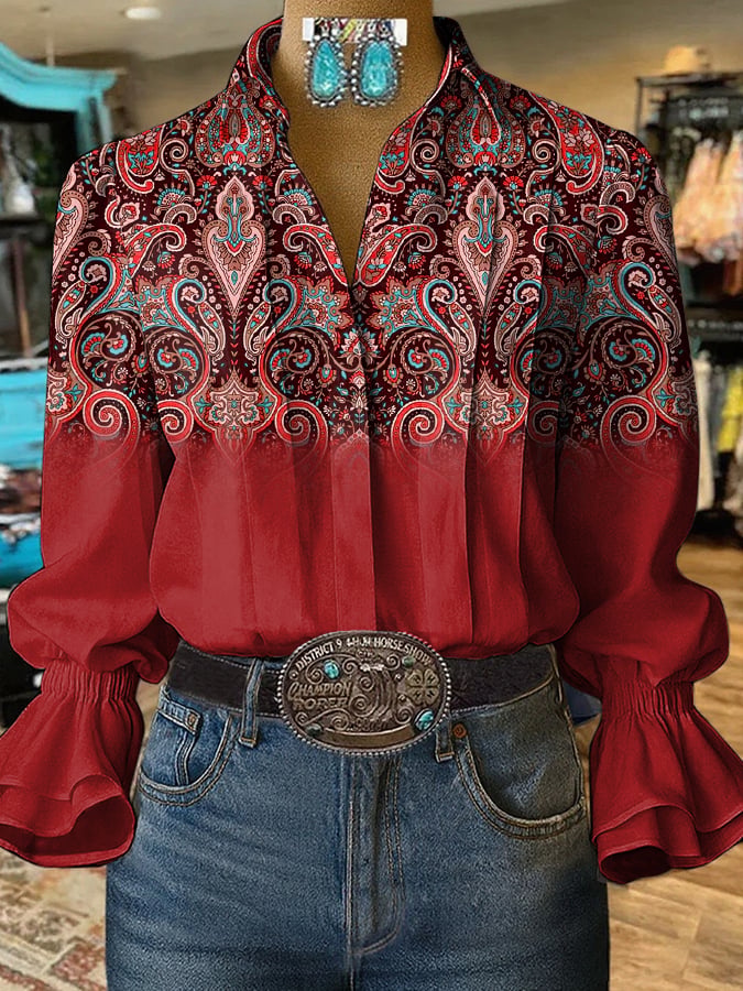 Women's Retro Western Floral Print Shirt