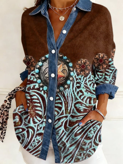 Women's casual retro Western floral waffle-knit shirt