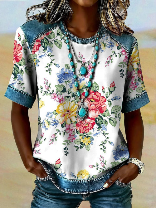 Women's casual retro Western floral T-shirt